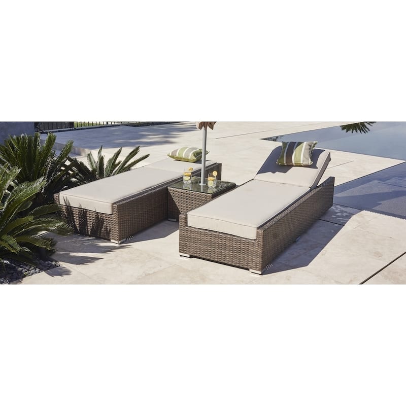 3-piece Outdoor Sun Chaise Lounger Set Wicker Patio Chairs and Side Table by Moda Furnishings - Brown