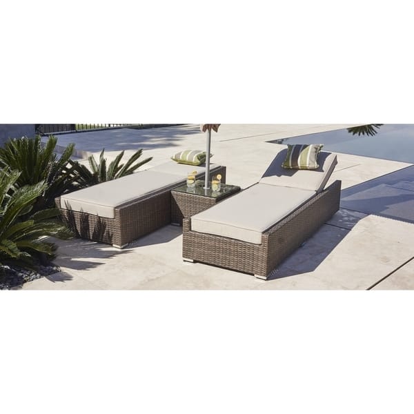 slide 5 of 7, 3-piece Outdoor Sun Chaise Lounger Set Wicker Patio Chairs and Side Table by Moda Furnishings Brown