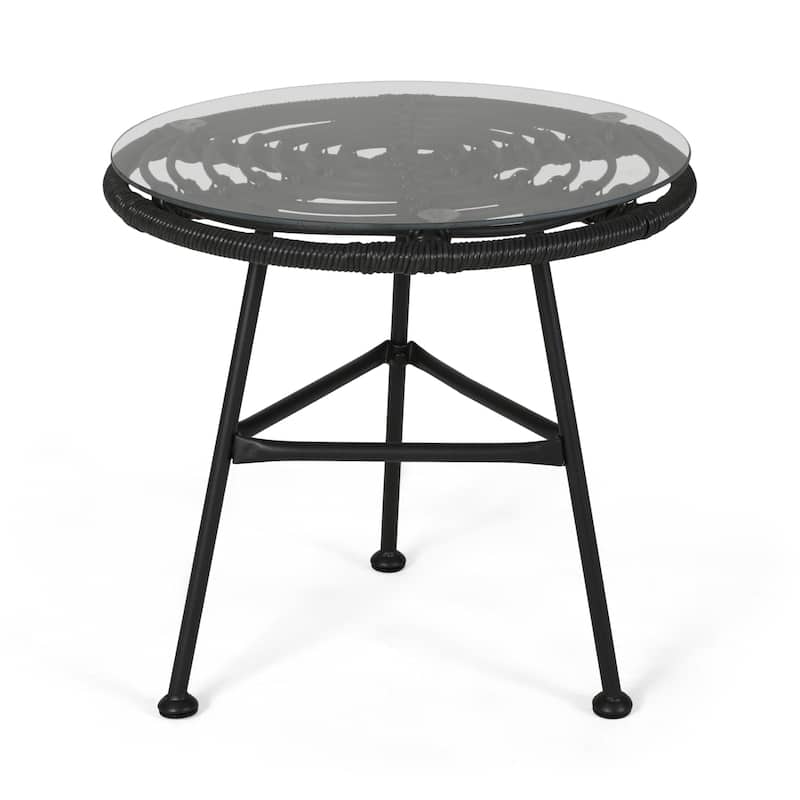 Orlando Outdoor Woven Faux Rattan Side Table with Glass Top by Christopher Knight Home - Gray, Black Finish