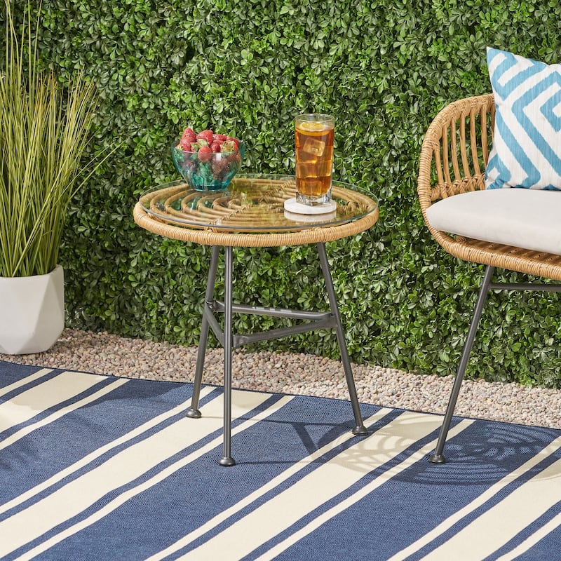 Orlando Outdoor Woven Faux Rattan Side Table with Glass Top by Christopher Knight Home