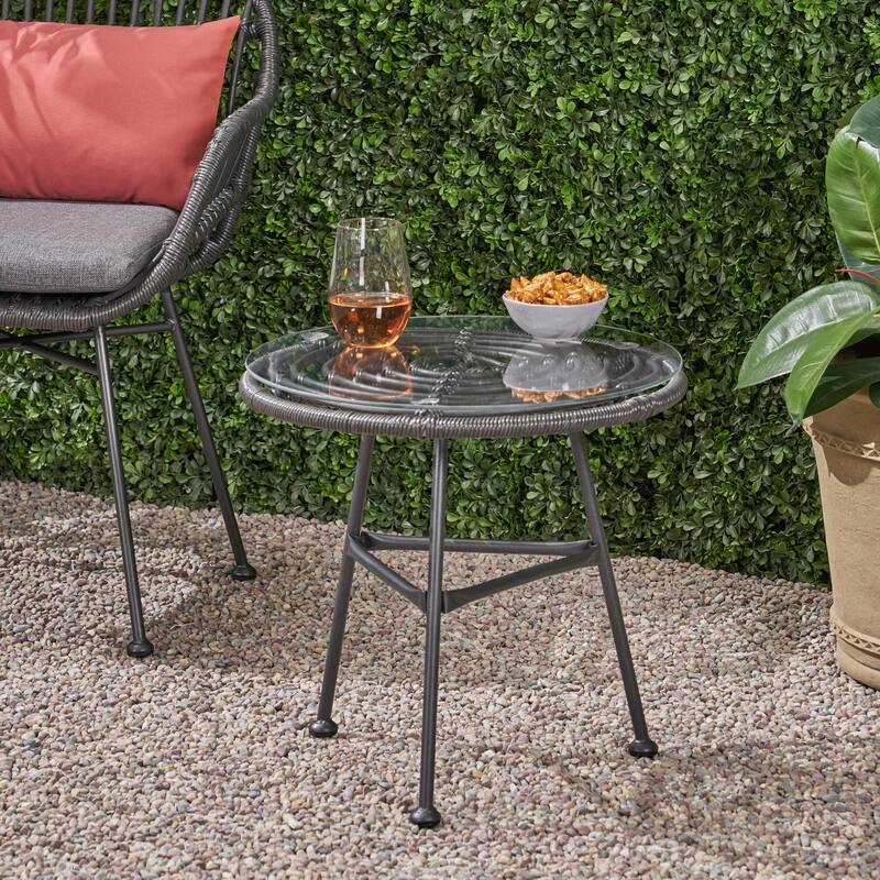 Orlando Outdoor Woven Faux Rattan Side Table with Glass Top by Christopher Knight Home