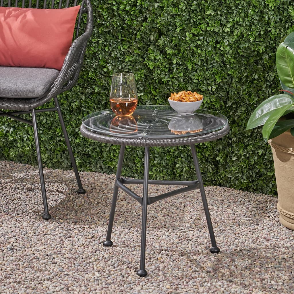 Orlando Outdoor Woven Faux Rattan Side Table with Glass Top by Christopher Knight Home