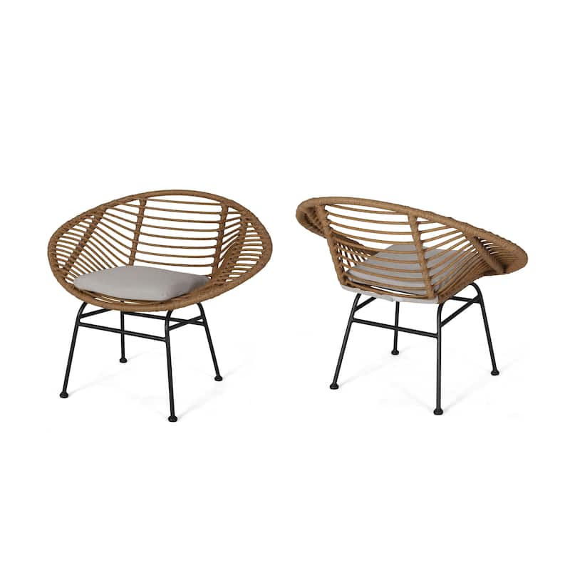 San Antonio Outdoor Woven Faux Rattan Chairs with Cushions (Set of 2) by Christopher Knight Home - Light Brown, Beige Finish