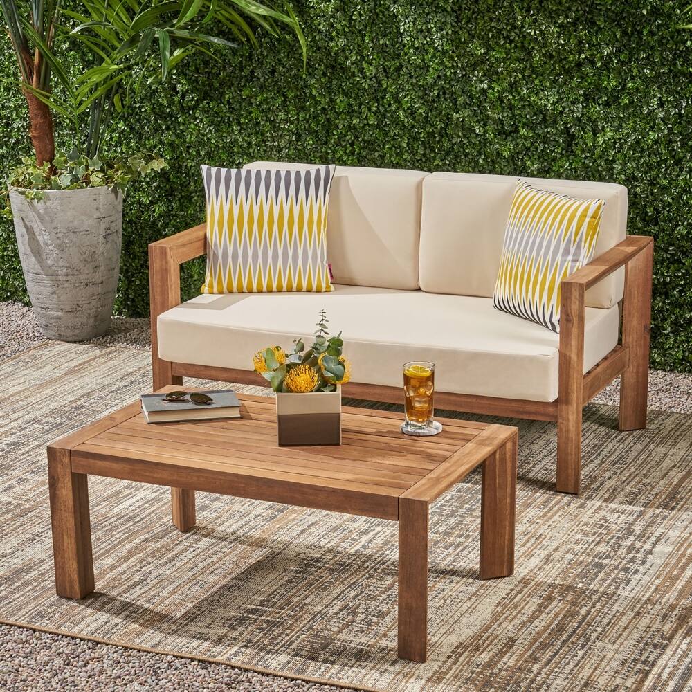 Genser Acacia Wood Outdoor 2-piece Chat Set with Cushions by Christopher Knight Home