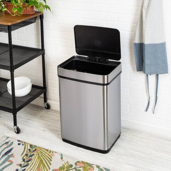 13 Gallon Automatic Trash Can for Kitchen Black Steel Touchless Motion Sensor Bin Soft Close Lid 50L LED Timer Slim Design