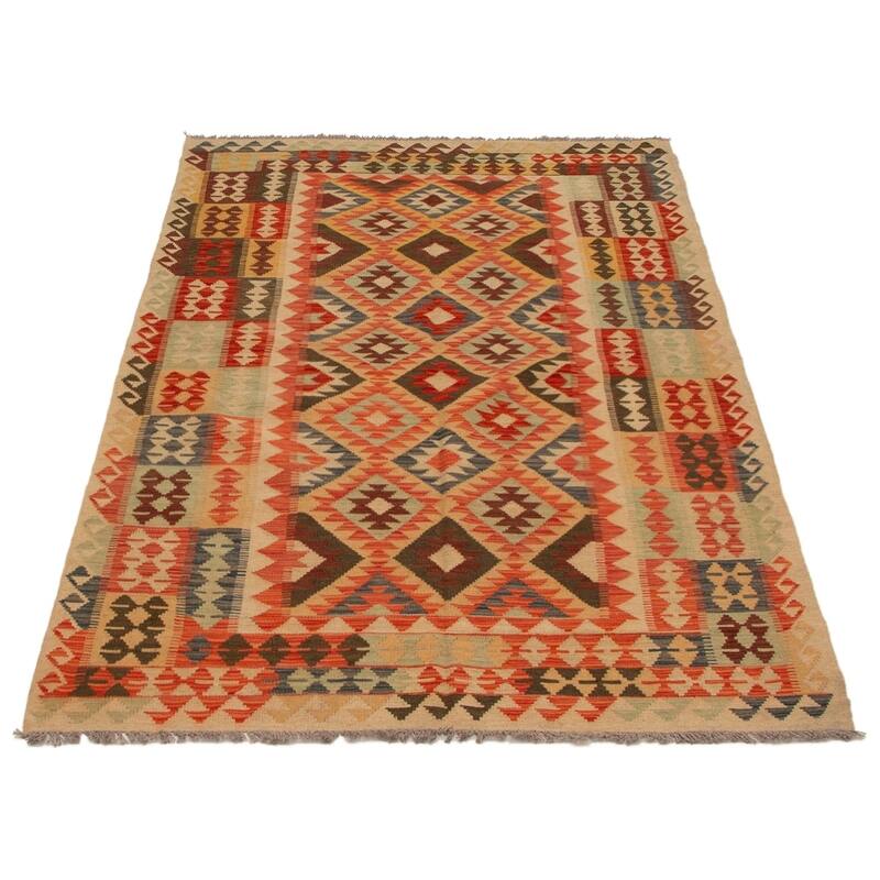 Flat-weave Kashkoli Beige, Red Wool Kilim