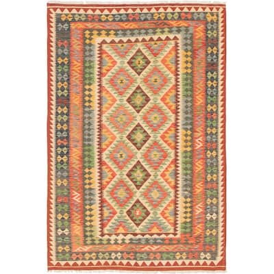 Flat-weave Kashkoli Cream, Red Wool Kilim