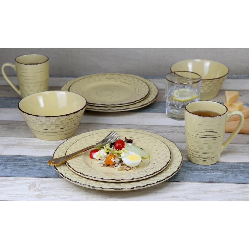 Lorren Home Trends 16 Piece Distressed Weave Dinnerware Set-Buttercup