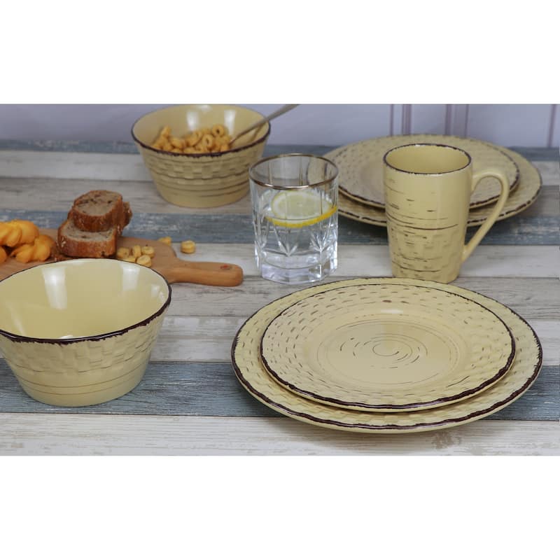 Lorren Home Trends 16 Piece Distressed Weave Dinnerware Set-Buttercup