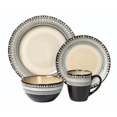 Lorren Home Trends 16 Piece Glazed Dinnerware Neutral and Blue (Service for 4)