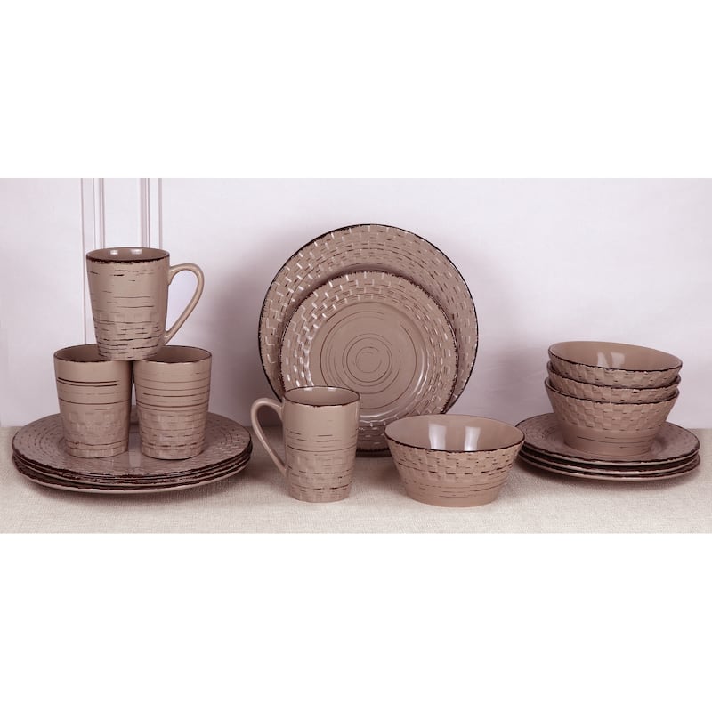 Lorren Home Trends 16 Piece Distressed Weave Dinnerware Set-Mocca