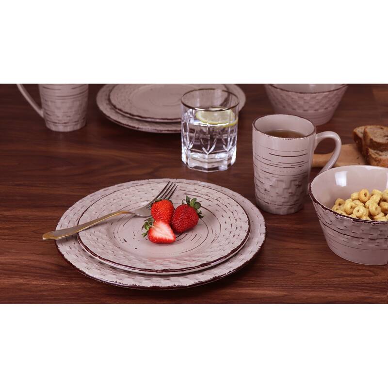 Lorren Home Trends 16 Piece Distressed Weave Dinnerware Set-Mocca