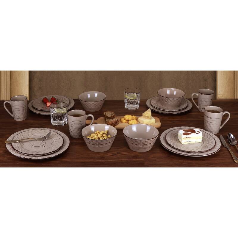 Lorren Home Trends 16 Piece Distressed Weave Dinnerware Set-Mocca