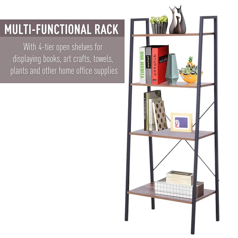 HomCom Wood Metal 4 Tier Retro Industrial Ladder Style Bookshelf