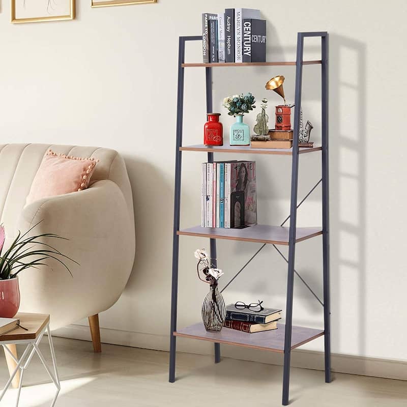 HomCom Wood Metal 4 Tier Retro Industrial Ladder Style Bookshelf