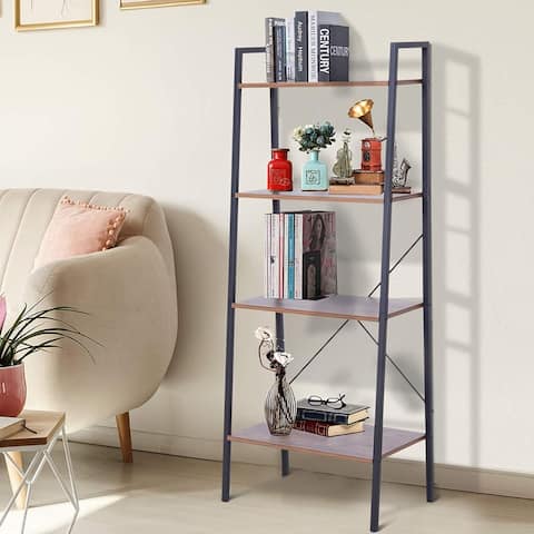 HomCom Wood Metal 4 Tier Retro Industrial Ladder Style Bookshelf