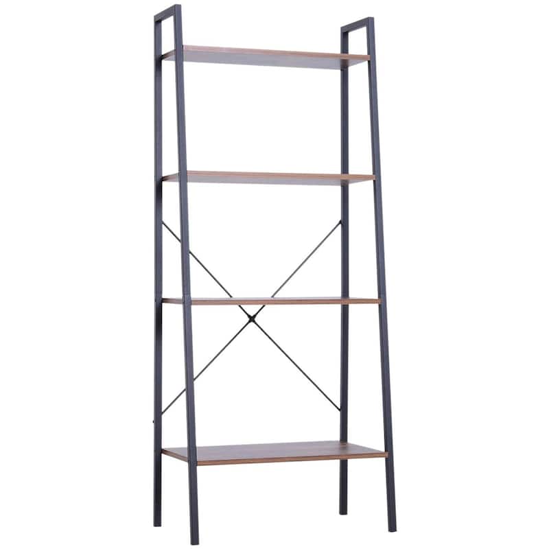 HomCom Wood Metal 4 Tier Retro Industrial Ladder Style Bookshelf