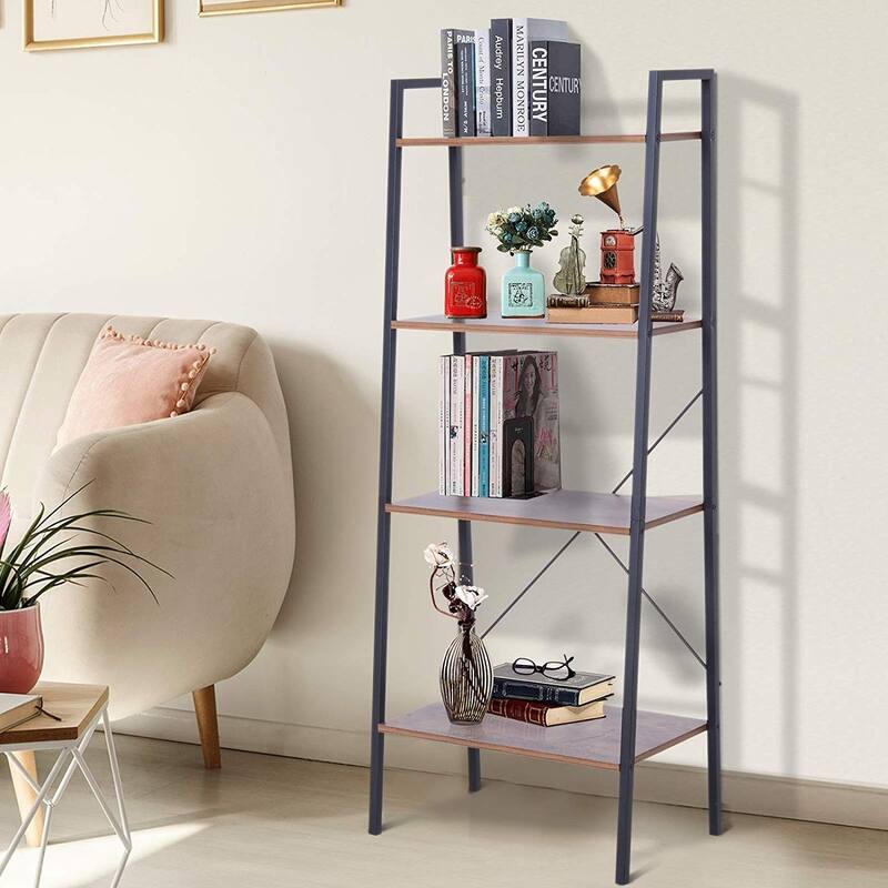 HomCom Wood Metal 4 Tier Retro Industrial Ladder Style Bookshelf