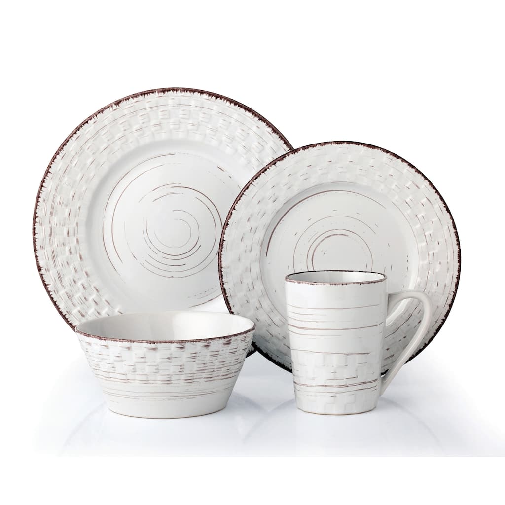 Lorren Home Trends 16 Piece Distressed Weave Dinnerware Set-White
