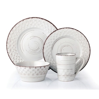 Lorren Home Trends 16 Piece Distressed Weave Dinnerware Set-White