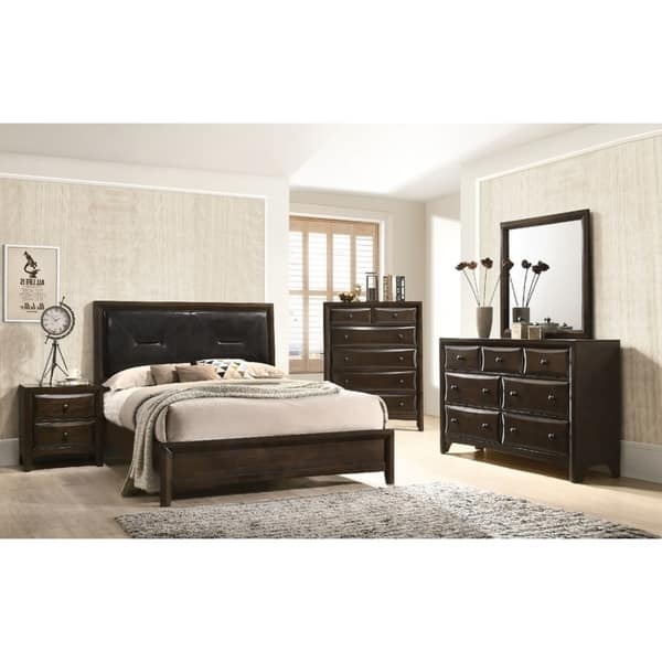 Rozaje 5 Pieces Transitional Bedroom Set in Black PU & Walnut Finish ...