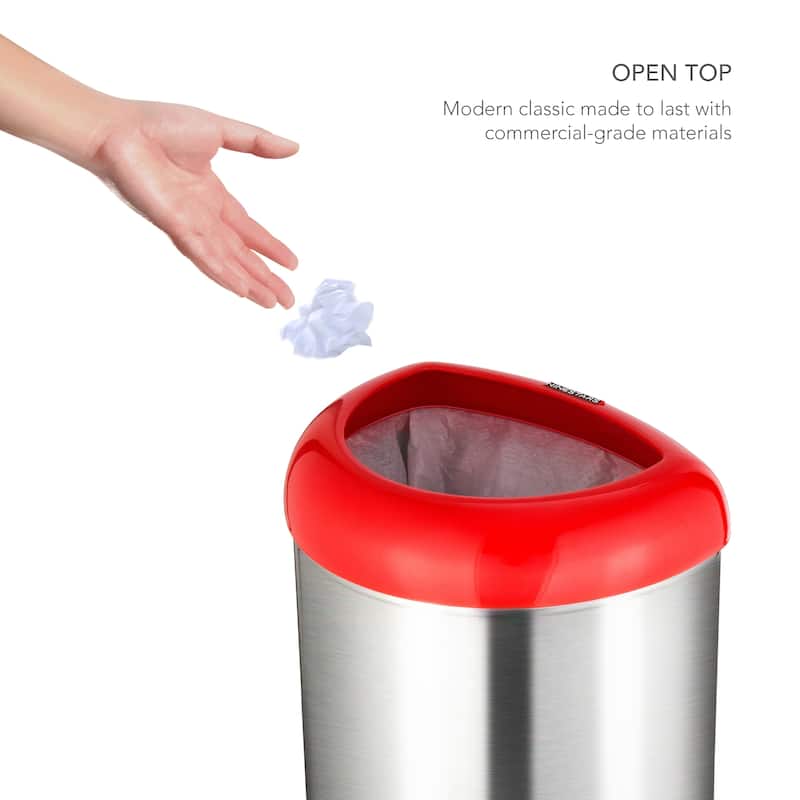 Nine Stars open top stainless steel trash can with red trim