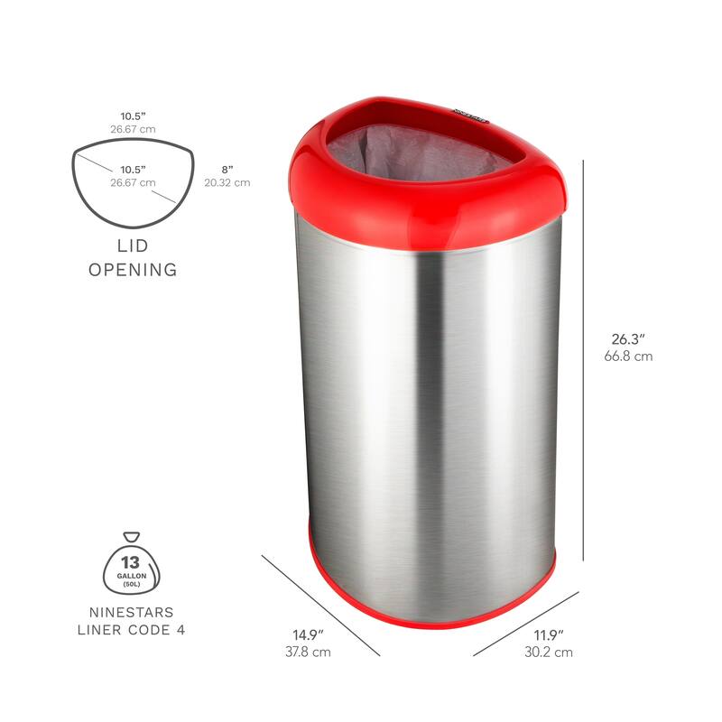 Nine Stars open top stainless steel trash can with red trim