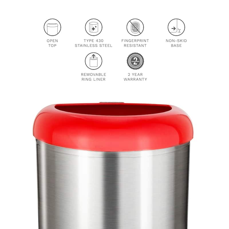 Nine Stars open top stainless steel trash can with red trim