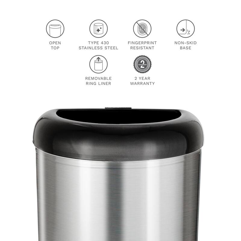 Nine Stars open top stainless steel trash can with black trim