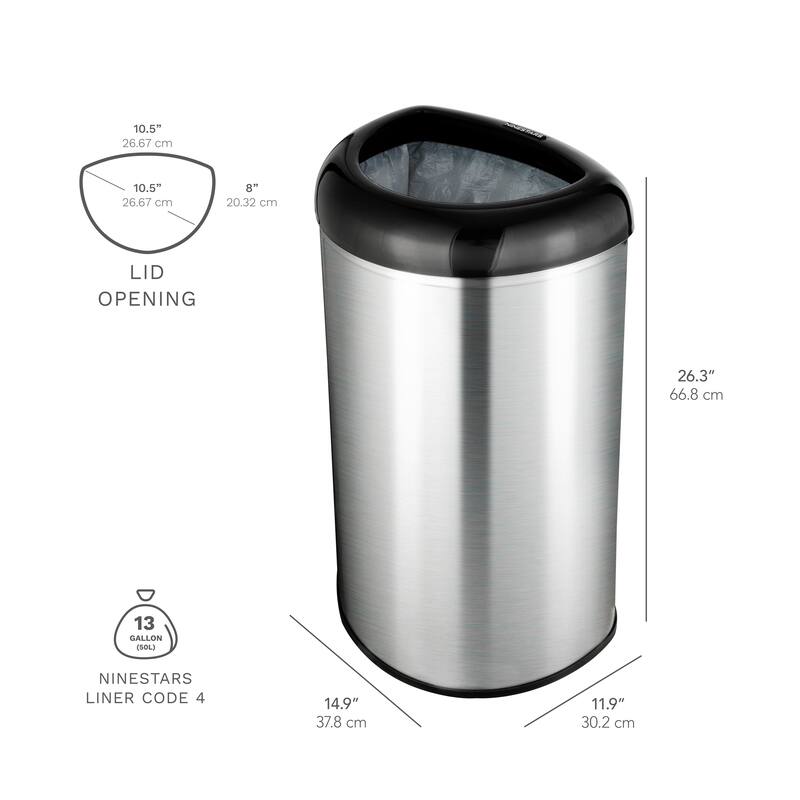 Nine Stars open top stainless steel trash can with black trim