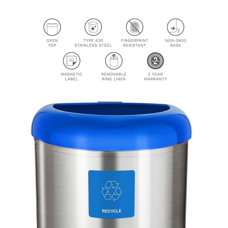 Nine Stars open top stainless steel trash can with blue trim and recycle magnet