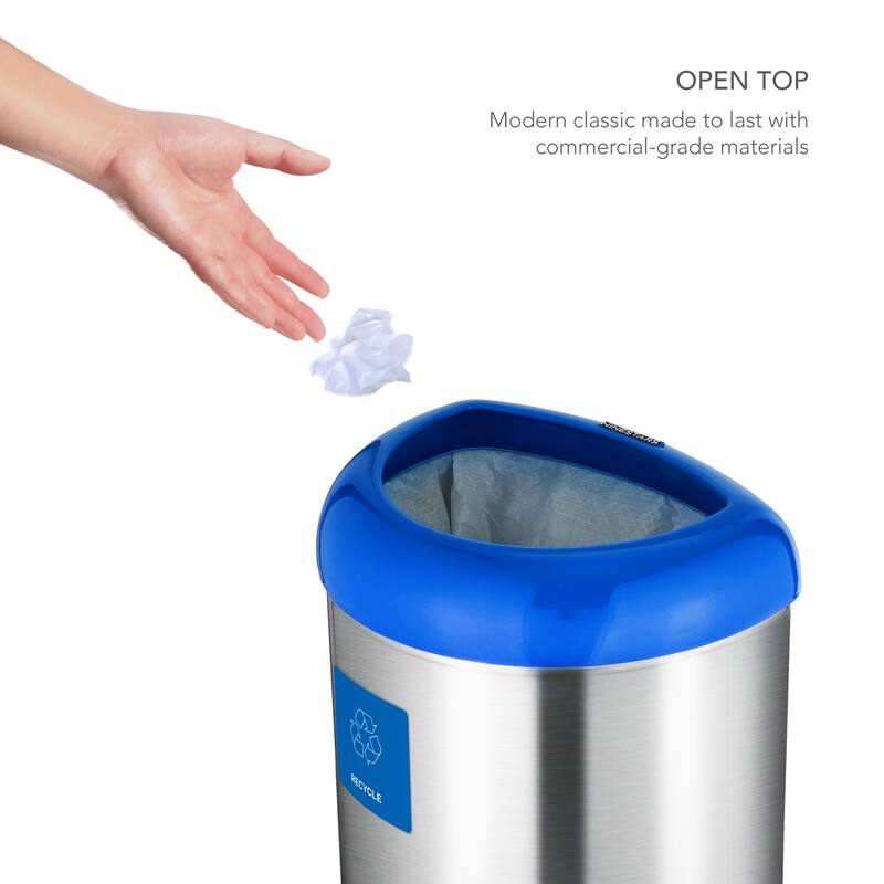Nine Stars open top stainless steel trash can with blue trim and recycle magnet