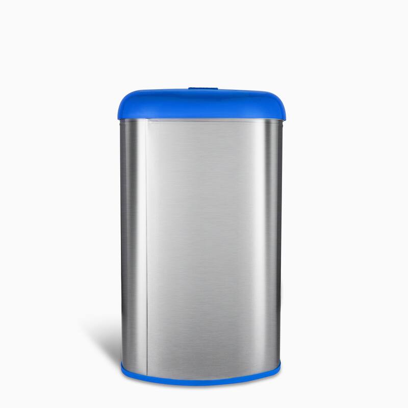 Nine Stars open top stainless steel trash can with blue trim and recycle magnet - 13 Gal./50L. - Silver