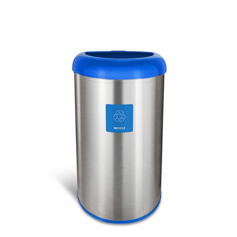 Nine Stars open top stainless steel trash can with blue trim and recycle magnet