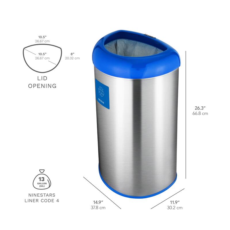 Nine Stars open top stainless steel trash can with blue trim and recycle magnet