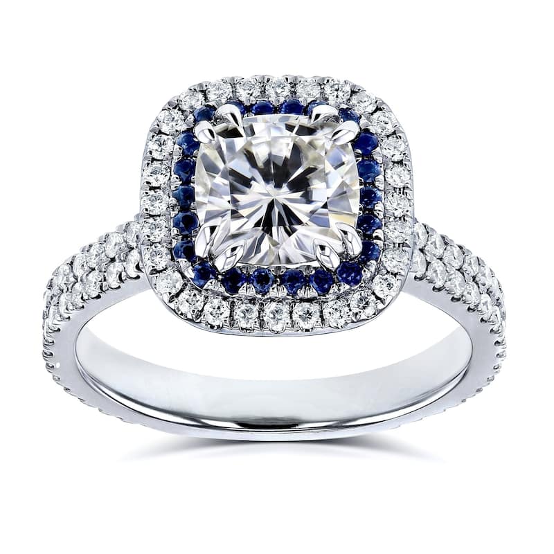 Annello by Kobelli 14k White Gold 2ct TGW Moissanite, Diamond, Sapphire Cushion Double Halo Engagement Ring