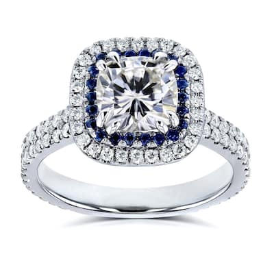 Annello by Kobelli 14k White Gold 2ct TGW Moissanite, Diamond, Sapphire Cushion Double Halo Engagement Ring