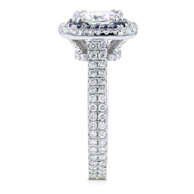 Annello by Kobelli 14k White Gold 2ct TGW Moissanite, Diamond, Sapphire Cushion Double Halo Engagement Ring