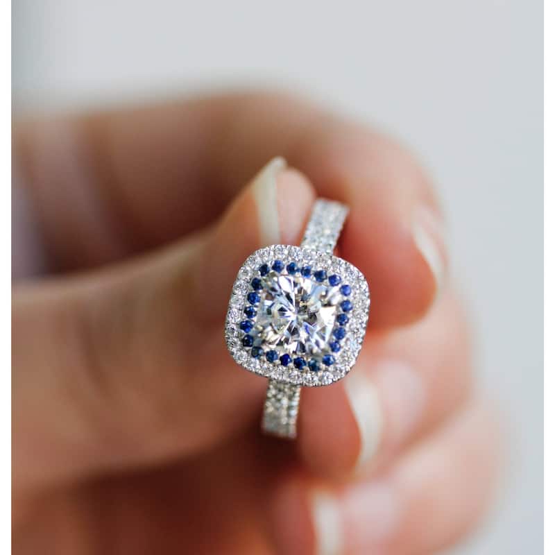 Annello by Kobelli 14k White Gold 2ct TGW Moissanite, Diamond, Sapphire Cushion Double Halo Engagement Ring