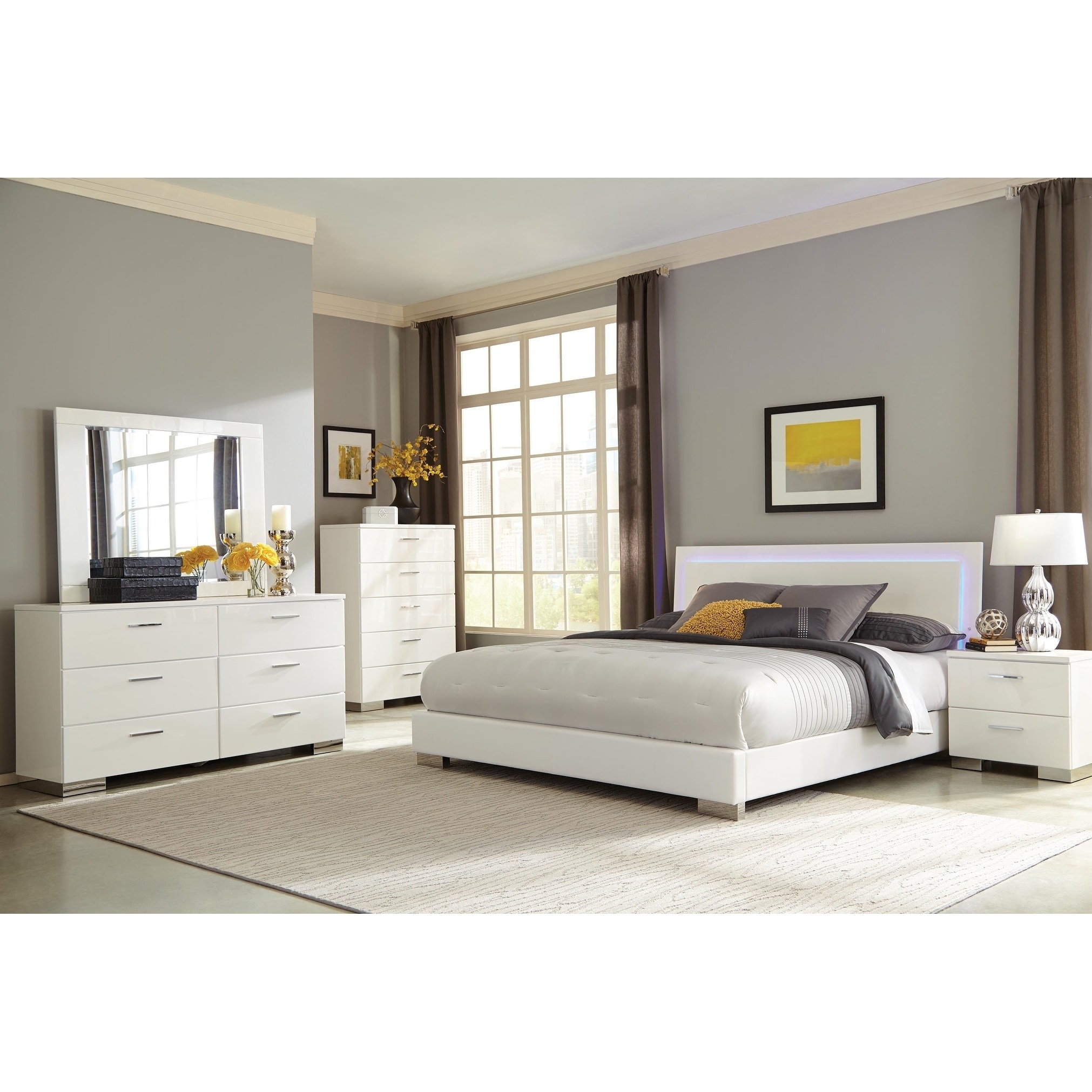 Arden Contemporary Glossy White 4 Piece Bedroom Set With Led Light