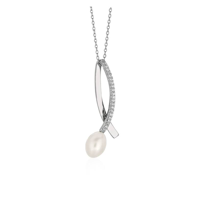 Shiny Twist Pendant with Freshwater Pearl and Cubic Zirconia in Sterling Silver