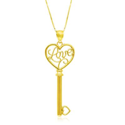 14k Yellow Gold Skeleton Key Style LOVE Pendant
