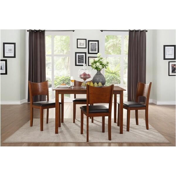 Transitional Wooden and Bi Cast Vinyl Upholstered Dinette with Four Chairs, Brown, Pack of Five