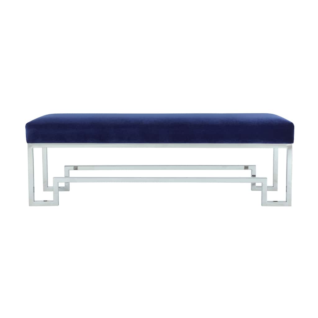 Rectangular Velvet Upholstered Bench with Stainless Steel Base, Blue and Silver