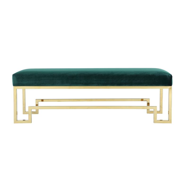 Rectangular Velvet Upholstered Bench with Stainless Steel Base, Green and Gold