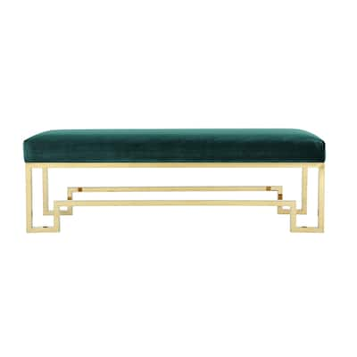 Rectangular Velvet Upholstered Bench with Stainless Steel Base, Green and Gold