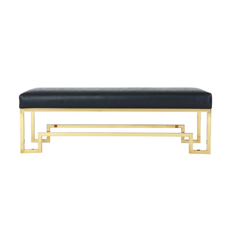 Rectangular Faux Leather Upholstered Bench with Stainless Steel Base, Black and Gold