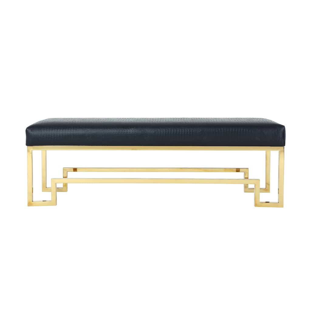 Rectangular Faux Leather Upholstered Bench with Stainless Steel Base, Black and Gold