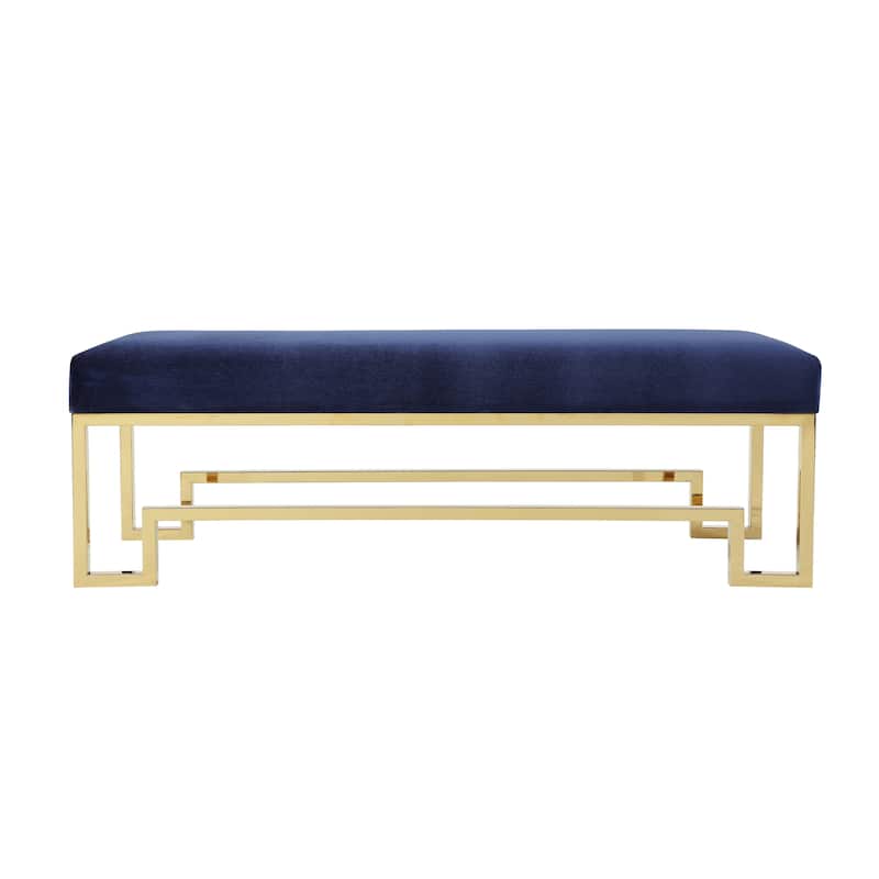 Rectangular Velvet Upholstered Bench with Stainless Steel Base, Blue and Gold