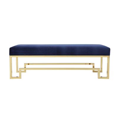 Rectangular Velvet Upholstered Bench with Stainless Steel Base, Blue and Gold